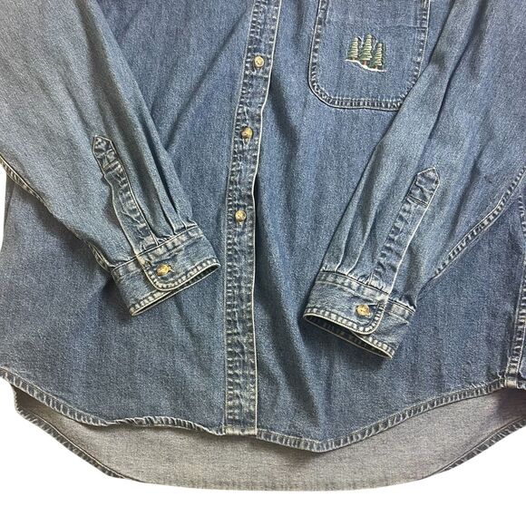 Woolrich Womens VTG Embroidered Denim Jean Shirt XL Medium Blue Trees Winter - Picture 15 of 16